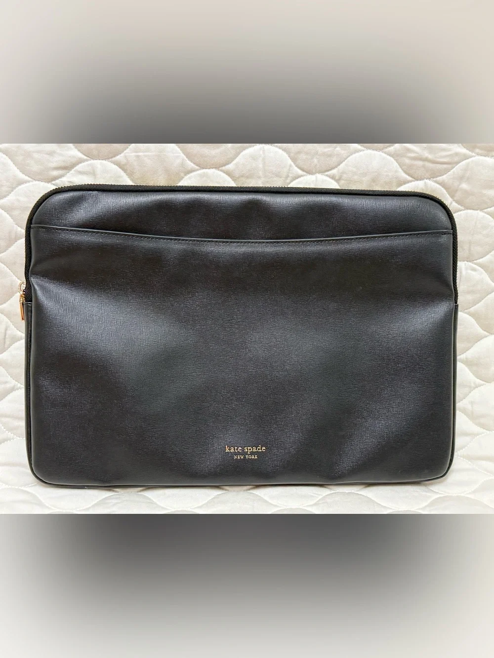 kate spade NY Black Saffiano Leather Laptop Sleeve with Gold Logo
